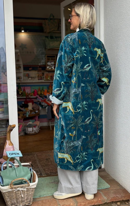Velvet Kimono Mantel "Wild Jungle" petrol