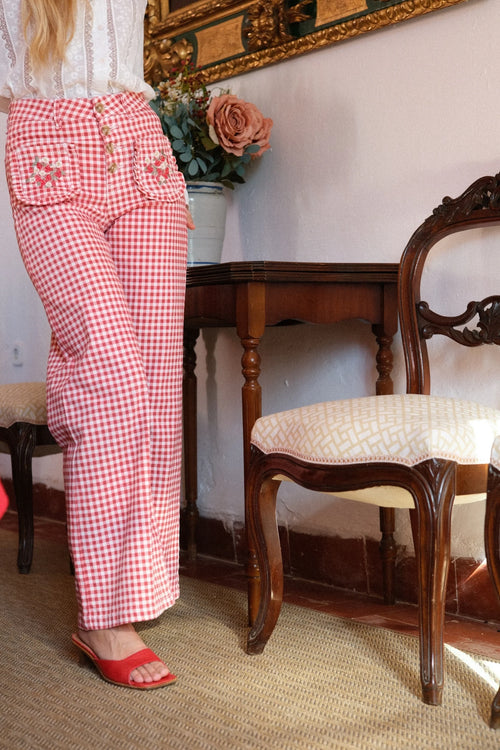 Bestickte Jeans  "Vichy Karo red Strawberry"
