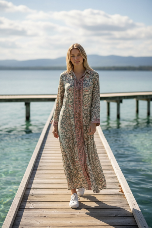 Seiden Kaftan Dress "Khaki Flowers"