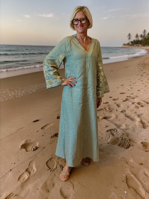 Leinen Kaftan Dress Ios khaki/gold