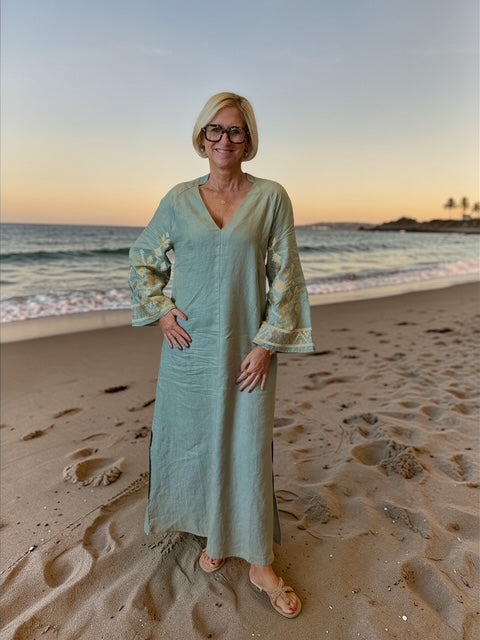 Leinen Kaftan Dress Ios khaki/gold