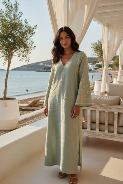 Leinen Kaftan Dress Ios khaki/gold