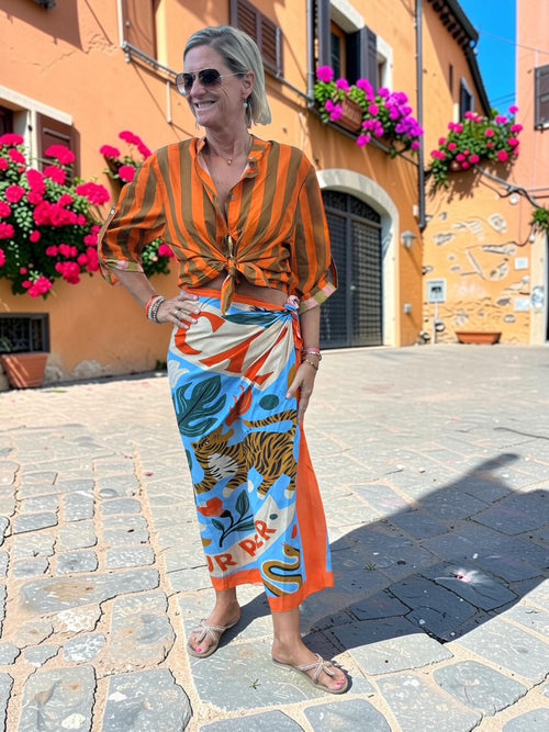 Have One Set Pareo Long "Tiger Magic" with Cotton Blouse in Stripes Orange/Camel