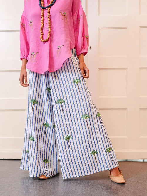 Hose Majoran Blue Stripes Palm Embroidery