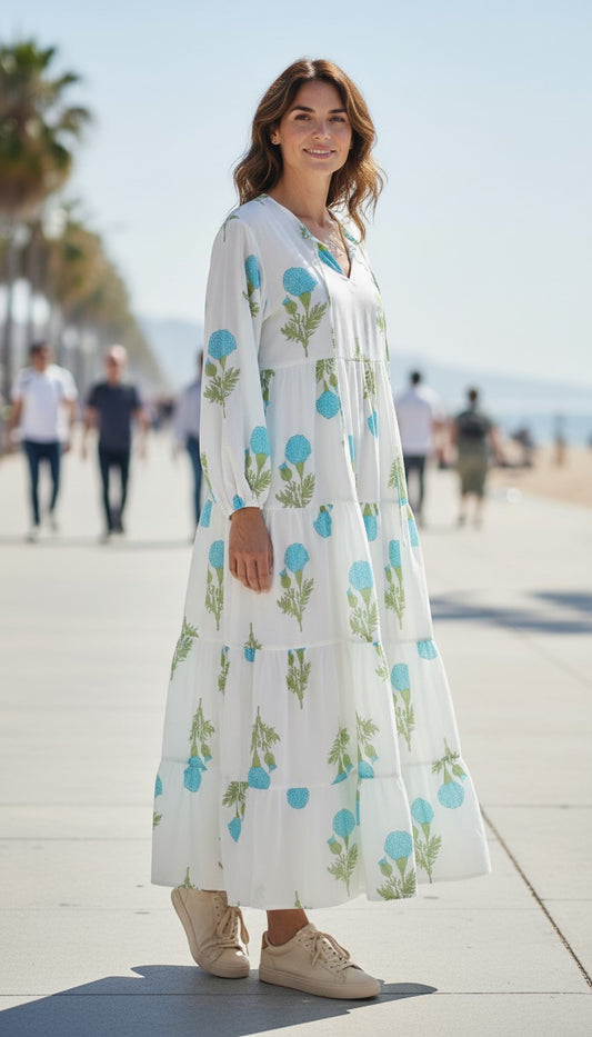 Maxidress loose "Indian Flower" turquoise