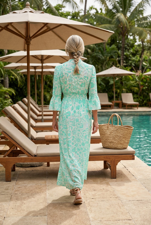 Pahiesa Seiden/Cotton Maxi Dress Flowers Aqua