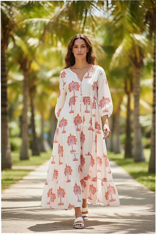 Maxidress loose "Palmtree" pink/orange