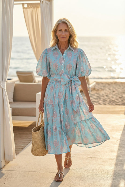 Midi Dress mit Ballon Arms "Tiger" aqua