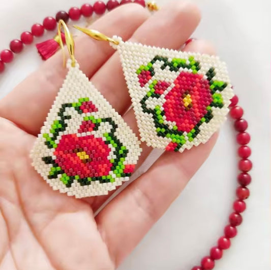 Ohrhänger Miyuki Beads "Flower" White/Red