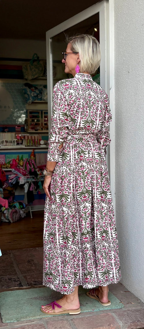 Long Dress "Niki" Indian Flower khaki/pink