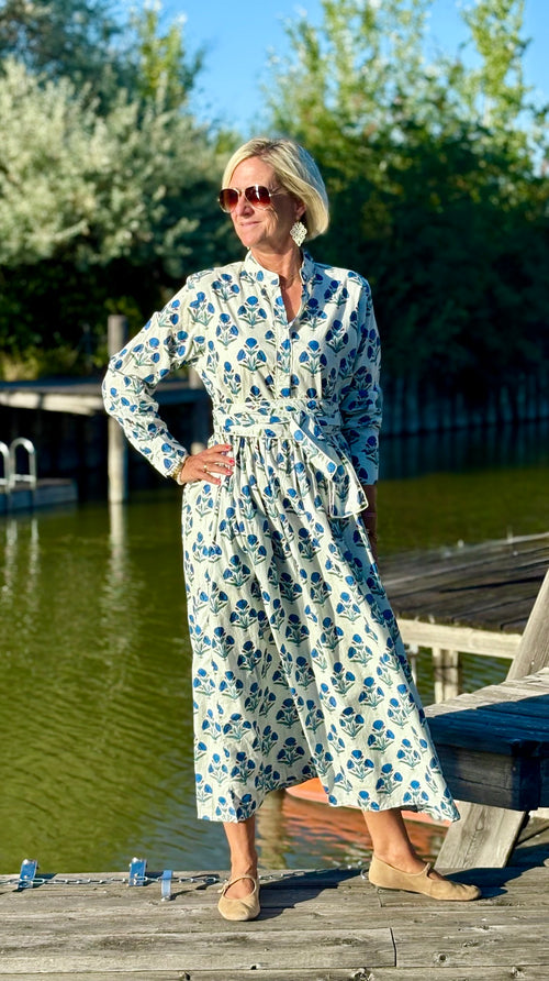 Long Dress "Niki" Indian Flower white/blue