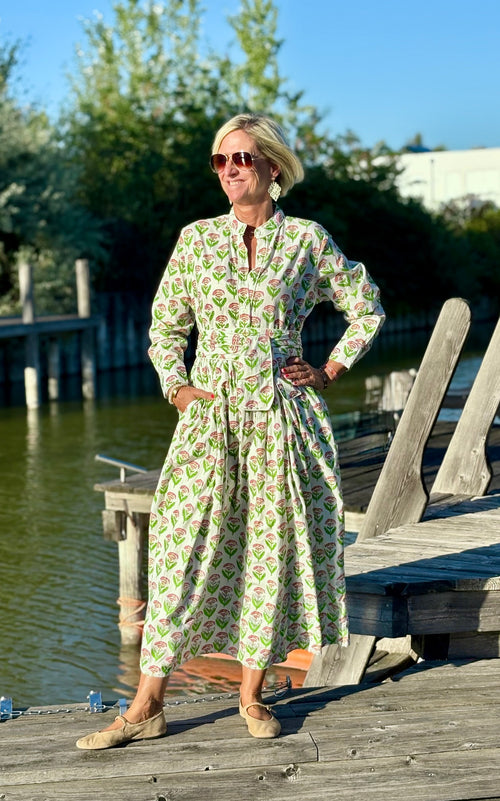 Long Dress "Niki" Indian Flower white/green/pink