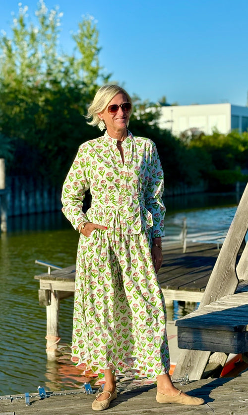 Long Dress "Niki" Indian Flower white/green/pink