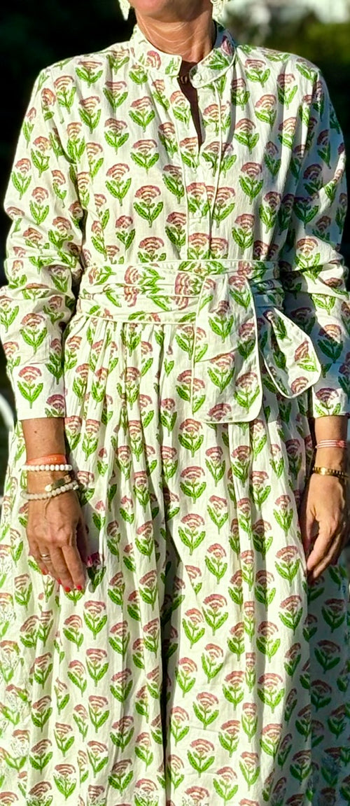 Long Dress "Niki" Indian Flower white/green/pink