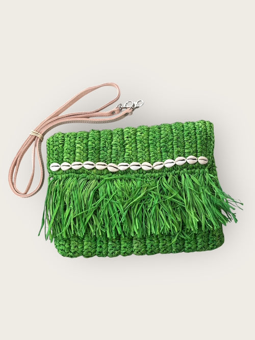 Bast Clutch "Muschelqueen" mit Leder Cross Body Stripe