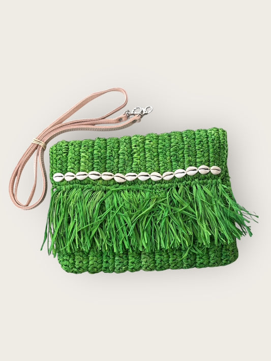 Bast Clutch "Muschelqueen" mit Leder Cross Body Stripe