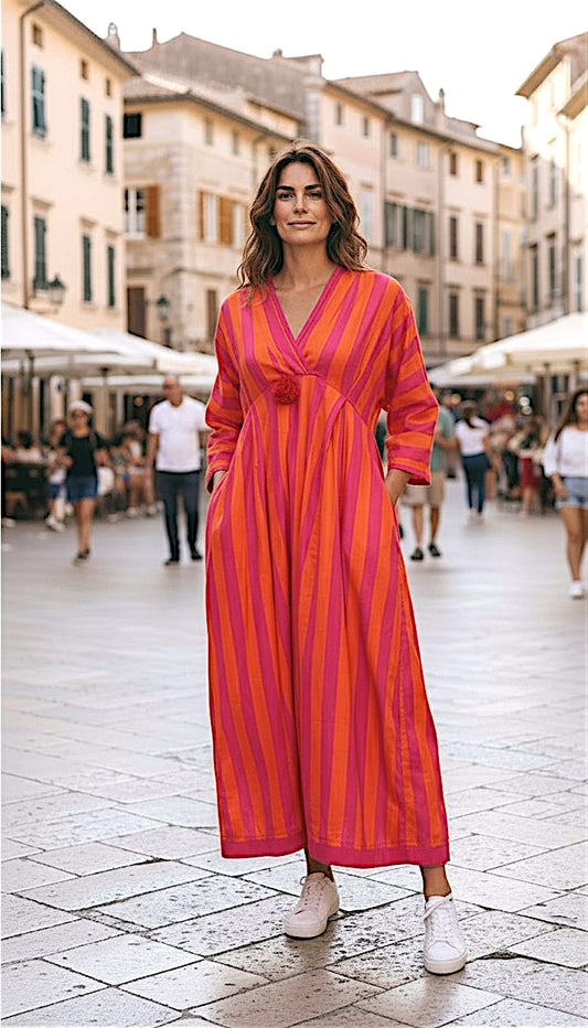 Midi Dress "Cruise Pom Pom" Stripes coral/pink