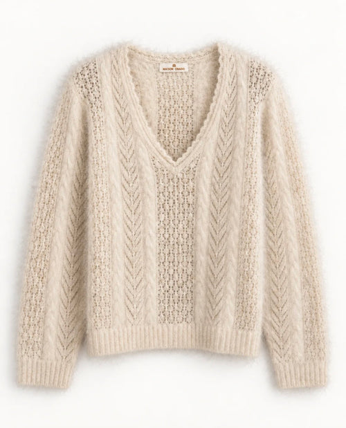 V-Neck Pullover mit Lochmuster ecru