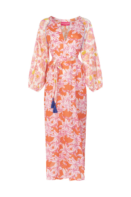 Kaftan Dress mit Gürtel "Orange Lillies and Flowers"
