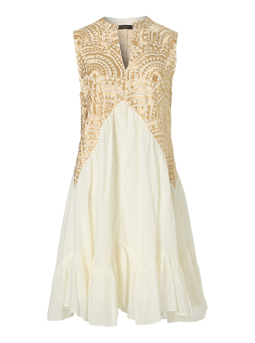 Short Cotton Dress Triangel sleeveless white/gold