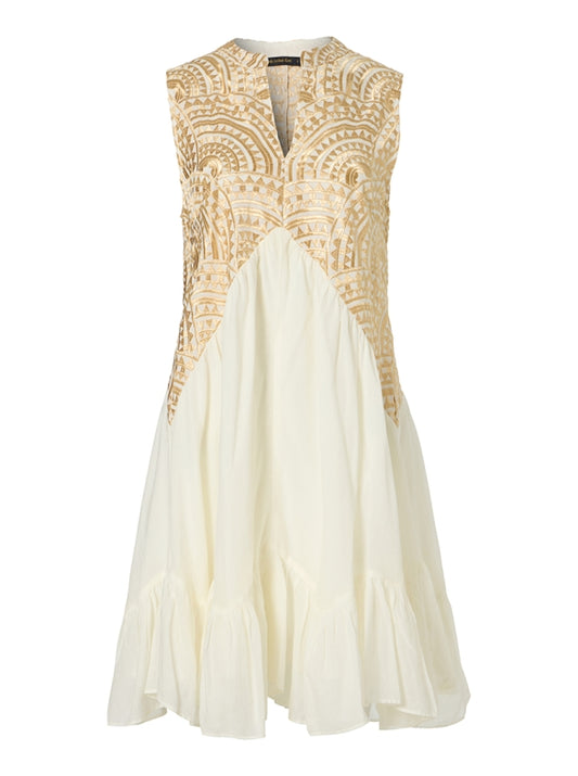 Short Cotton Dress Triangel sleeveless white/gold