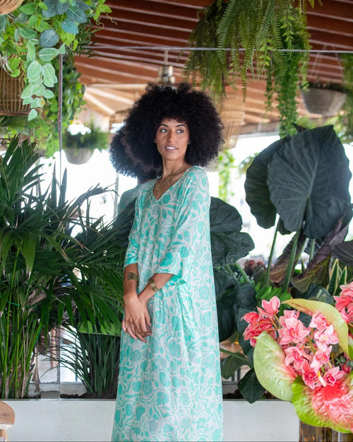 Seiden/Cotton Dress "Aqua Flowers"