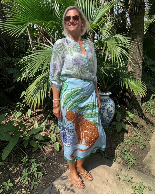 Have One Set Pareo long "Aqua Tiger" with Blouse Palmtree light blue