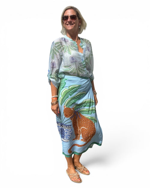 Have One Set Pareo long "Aqua Tiger" with Blouse Palmtree light blue