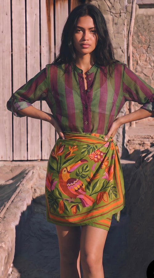 Have One Set Pareo short "Olive Bird" and Blouse Stripes in olive/aubergine