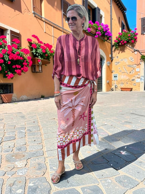 Have One Set Pareo long "Pink Palms" und Blouse Stripes in Red/Pink