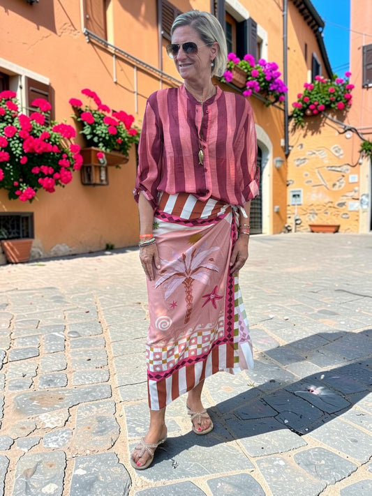 Have One Set Pareo long "Pink Palms" und Blouse Stripes in Red/Pink