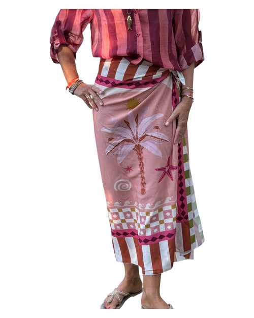 Have One Set Pareo long "Pink Palms" und Blouse Stripes in Red/Pink