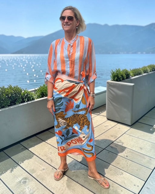 Have One Set Pareo Long "Tiger Magic" with Blouse in Stripes orange/light blue