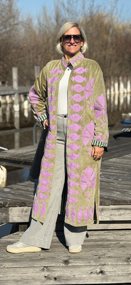 Velvet Suzani Kimono Mantel taupe/pink