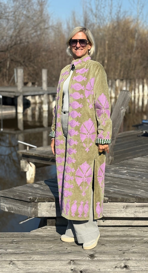 Velvet Suzani Kimono Mantel taupe/pink