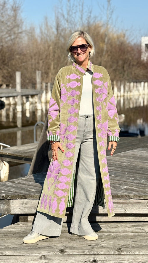 Velvet Suzani Kimono Mantel taupe/pink
