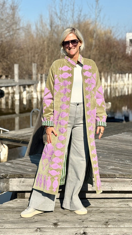 Velvet Suzani Kimono Mantel taupe/pink