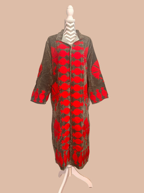 Velvet Suzani Kimono Mantel khaki/rot