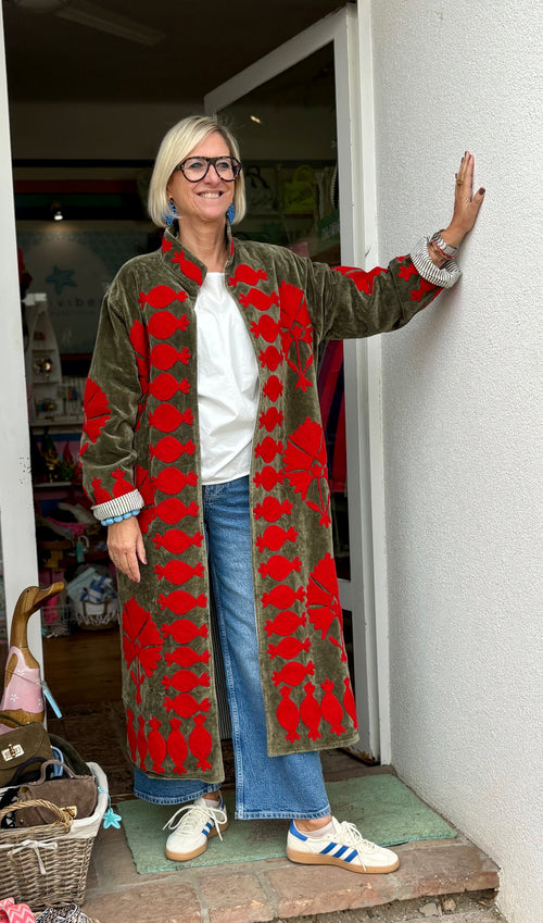 Velvet Suzani Kimono Mantel khaki/rot