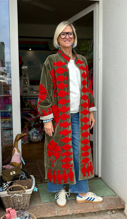 Velvet Suzani Kimono Mantel khaki/rot
