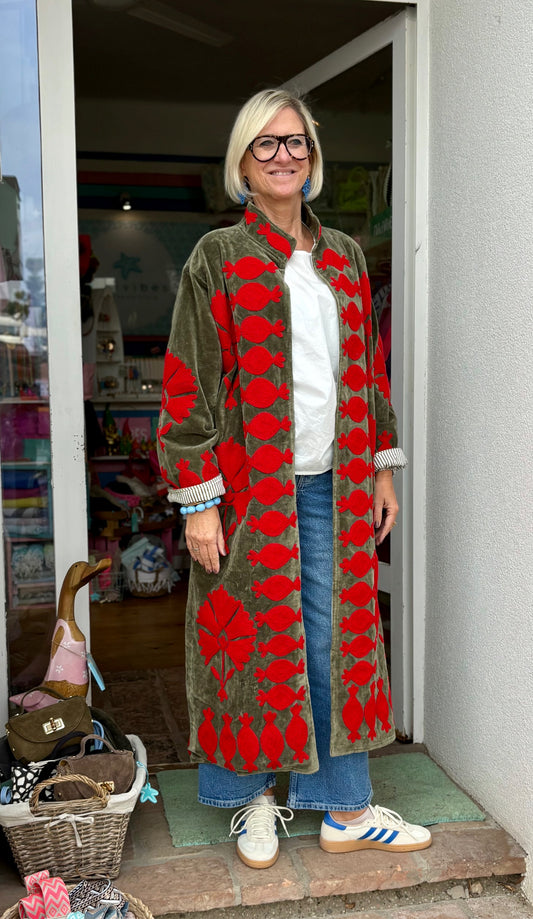 Velvet Suzani Kimono Mantel khaki/rot