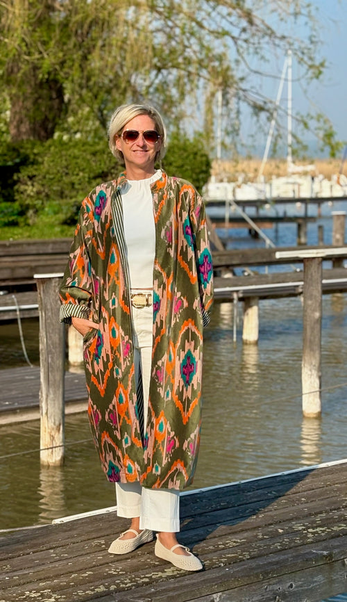 Velvet Kimono Mantel "Ikat" Khaki