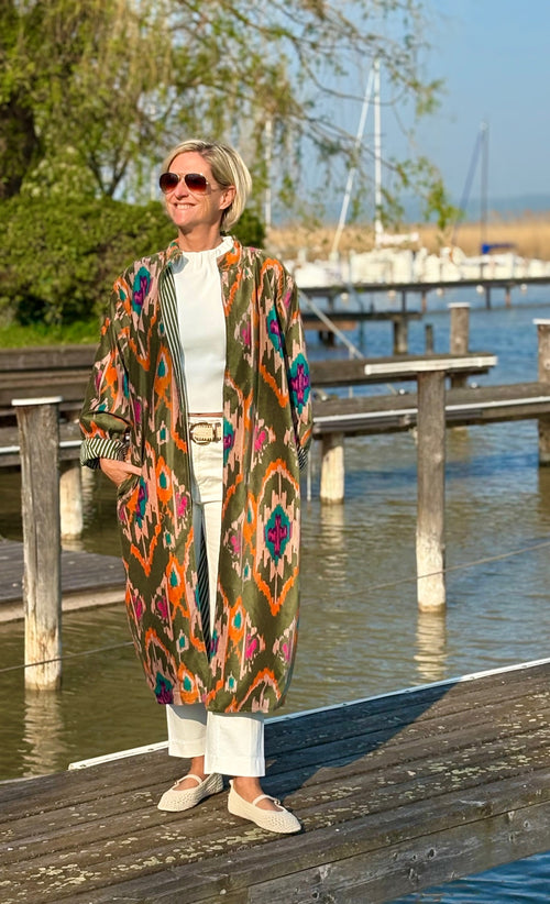 Velvet Kimono Mantel "Ikat" Khaki