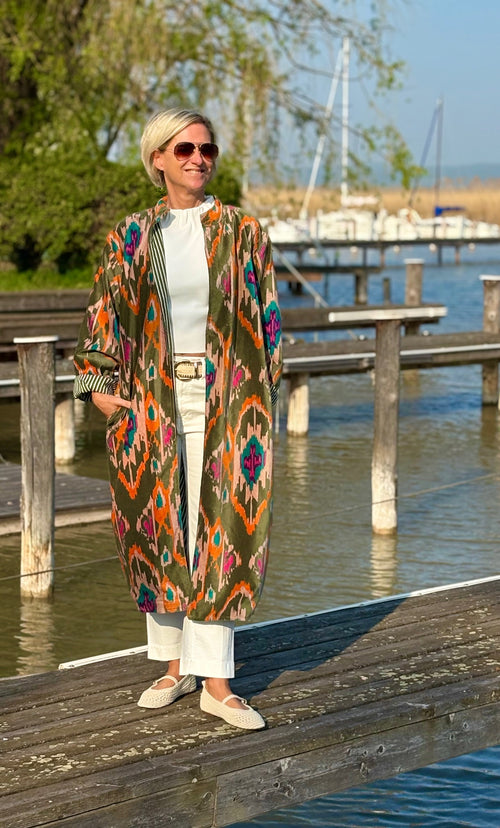 Velvet Kimono Mantel "Ikat" Khaki