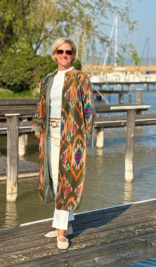 Velvet Kimono Mantel "Ikat" Khaki