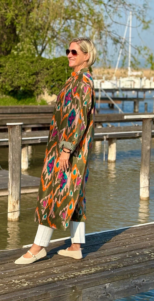 Velvet Kimono Mantel "Ikat" Khaki