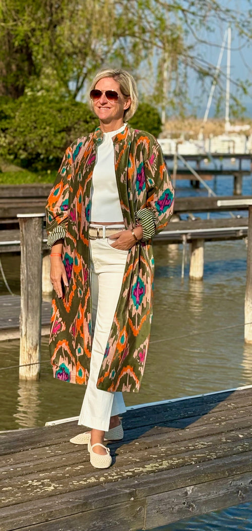 Velvet Kimono Mantel "Ikat" Khaki