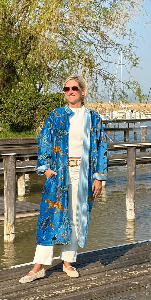 Velvet Kimono Mantel "Wild Jungle" blue