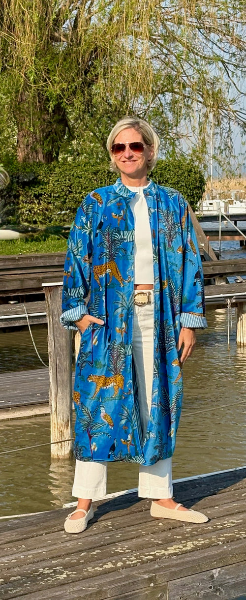 Velvet Kimono Mantel "Wild Jungle" blue
