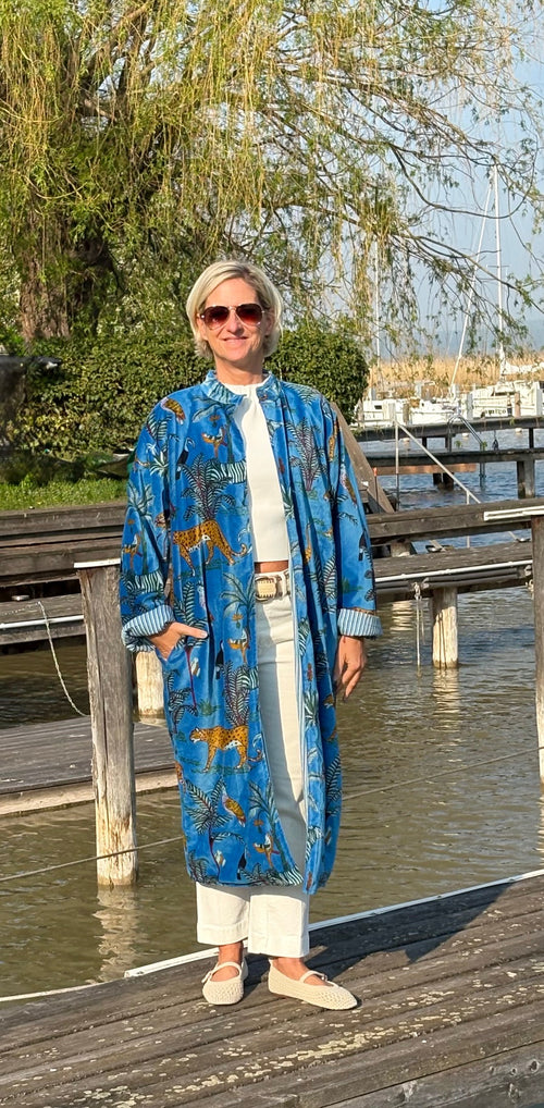 Velvet Kimono Mantel "Wild Jungle" blue